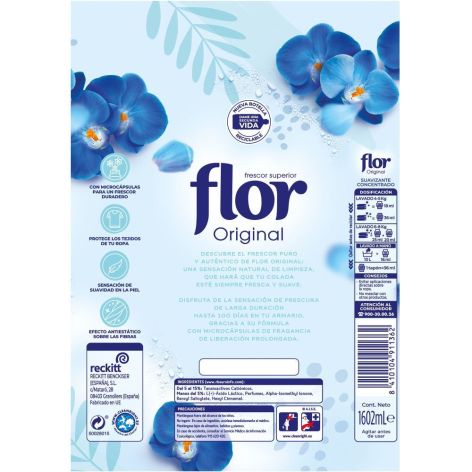 Flor Original Suavizante Concentrado Suavizante concentrado ofrece sensación de frescor y suavidad hasta 100 días 89 lavados 1600 ml