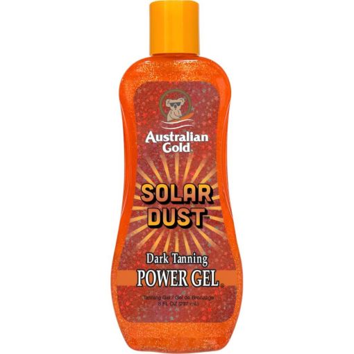 Australian Gold Solar Dust Dark Tanning Power Gel Gel bronceador corporal ofrece un brillo dorado gracias a sus part&iacute;culas brillantes que realzan la calidez del sol en la piel 237 ml