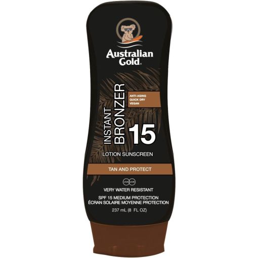 Australian Gold Instant Bronzer Tan And Protect Lotion Sunscreen Spf 15 Leche solar corporal bronceadora muy reisitente al agua hidrata protege y ofrece acabado natural 237 ml