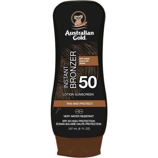 Australian Gold Instant Bronzer Lotion Sunscreen Tan And Protect Spf 50 Loci&oacute;n solar hidrata y protege para un bronceado natural de caramelo 237 ml