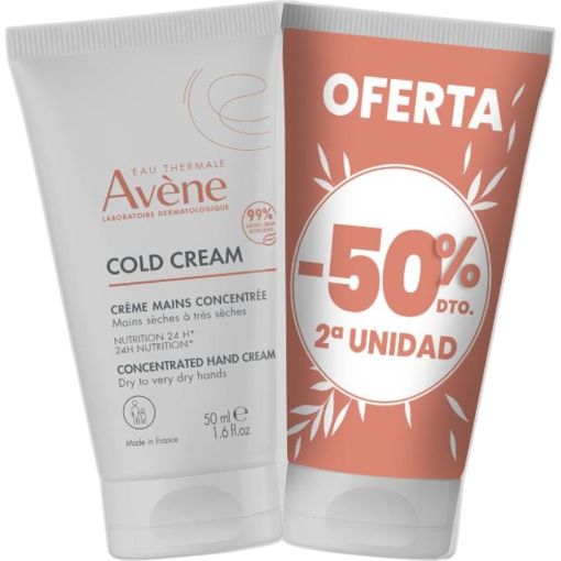 Avène Cold Cream Creme Mains Concentree Duplo Formato Especial Crema de manos concentrada de texura envolvente previene grietas asperezas sabañones y sequedad cutánea 2x50 ml