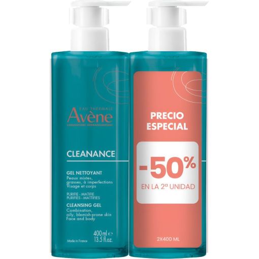 Av&egrave;ne Cleanance Gel Nettoyante Duplo Formato Especial Gel facial limpiador purificante matificante refresca y reduce brillos para una piel limpia fresca y purificada 2x400 ml