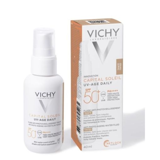 Vichy Capital Soleil Uv-Age Daily Fluide Teinté Spf 50+ Protector solar facial con color antifotoenvejecimiento previene manchas y arrugas 40 ml