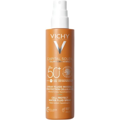 Vichy Capital Soleil Spray Fluide Invisible Spf 50+ Fluido solar resistente al agua de textura ultraligera y r&aacute;pida absorci&oacute;n protege e hidrata 200 ml