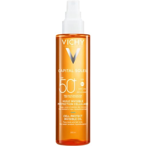 Vichy Capital Soleil Huile Invisible Protection Cellulaire Aceite solar facial y corporal adem&aacute;s nutre y protege las puntas del cabello 200 ml