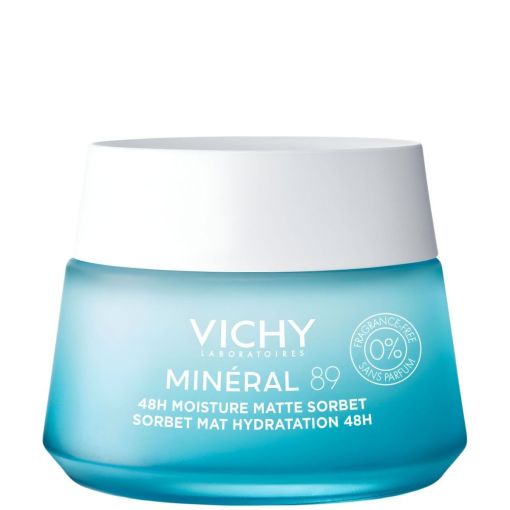 Vichy Minéral 89 48h Moisture Matte Sorbet Crema de textura gel ofrece hidratación duradera con efecto matificante instantáneo hasta 48 horas 50 ml