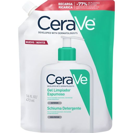 Cerave Gel Limpiador Espumoso Recarga Gel limpiador espumoso hidratante y calmante elimina exceso de grasa y suciedad con &aacute;cido hialur&oacute;nico 473 ml