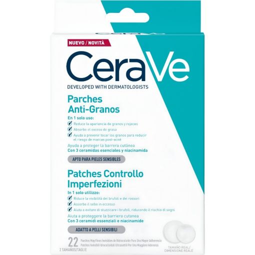 Cerave Parches Anti-Granos Parches para granos reducen la apariencia y rojeces absorbiendo exceso de grasa con 3 ceramidas esenciales 22 uds