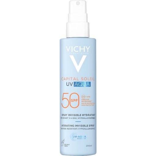Vichy Capital Soleil Uv Aqua Spray Invisible Hydratant Spf 50 Spray solar facial y corporal resistente al agua hidrata ofreciendo un bronceado saludable y radiante 200 ml