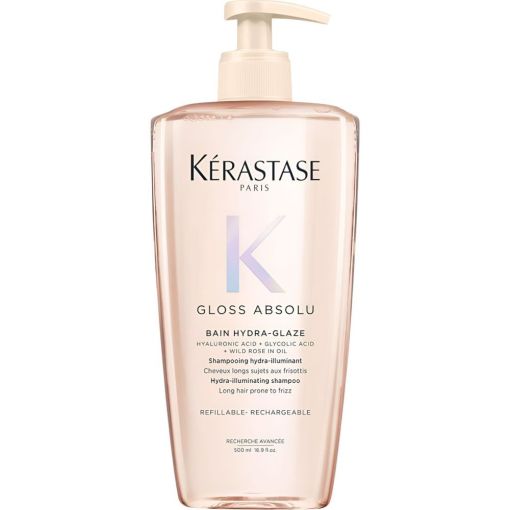 Kerastase Gloss Absolu Bain Hydra-Glaze Shampoing Champú hidratante textura gel sella cutículas ofreciendo acabado suave y brillante para cabello largo con encrespamiento