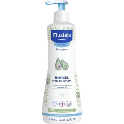 Mustela Babygel Aguacate Bio Ba&ntilde;o De Espuma Gel de ducha en espuma limpia con suavidad sin resecar el cuerpo ni el cabello con aguacate bio