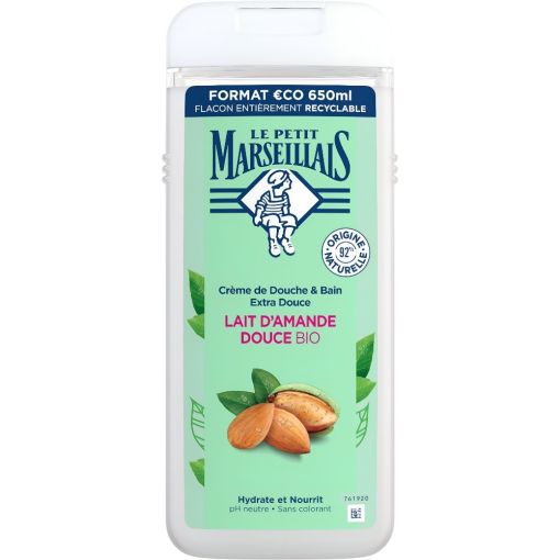 Le Petit Marseillais Lait D'Amande Douce Bio Cr&egrave;me De Douche Gel de ducha extrasuave de textura crema con ingredientes 92% de origen natural y aroma a almendras 650 ml