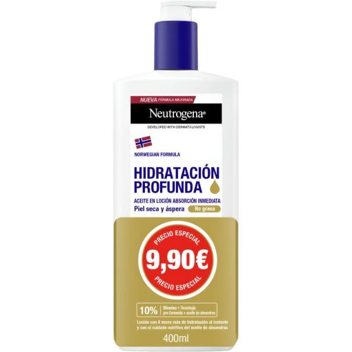 Neutrogena Hidrataci&oacute;n Profunda Aceite En Loci&oacute;n Precio Especial Loci&oacute;n corporal no grasa ofrece 4 veces m&aacute;s de hidrataci&oacute;n hasta 72 horas para una piel m&aacute;s suave y lisa 400 ml