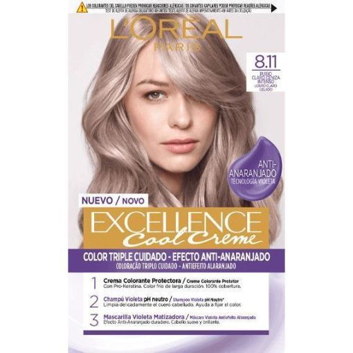 L'Oreal Tinte Excellence Cool Creme Tinte de triple cuidado cubre hasta el 100% de las canas con tecnolog&iacute;a violeta para un acabado sin reflejos anaranjados