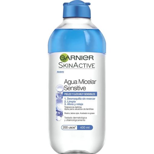 Garnier Skin Active Agua Micelar Sensitive Agua micelar desmaquilla limpia alivia y relaja para piel y ojos muy sensibles 400 ml