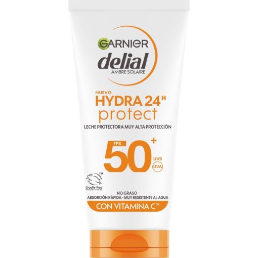 Delial Hydra 24h Protect Leche Protectora Spf 50+ Crema solar resistente al agua y no grasa hidratante se penetra inmediatamente 50 ml