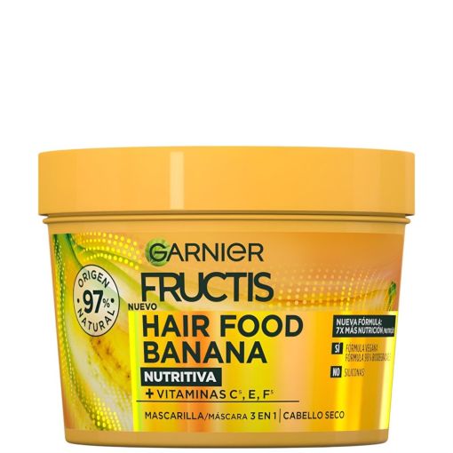 Fructis Hair Food Banana Mascarilla Intensiva 3 En 1 Mascarilla vegana ultranutritiva acabado suave y sin efecto graso para cabello seco 390 ml