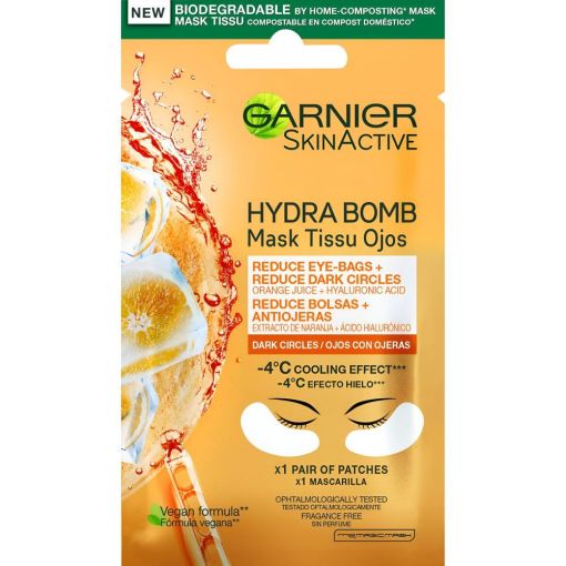 Garnier Skin Active Mask Tissu Ojos Anti-Fatiga Mascarilla para ojos reductora de ojeras con extracto de naranja y ácido hialurónico 2 uds