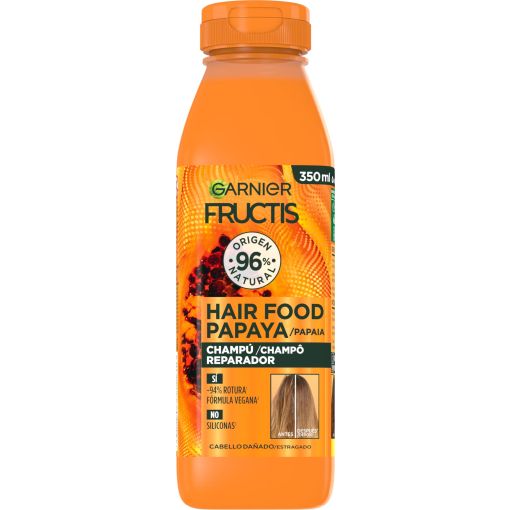 Fructis Hair Food Papaya Champú Champú vegano reparador trata y repara sin apelmazar para cabello dañado 390 ml