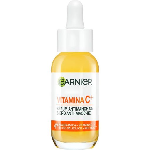 Garnier Vitamina C+ Sérum Antimanchas Sérum antimanchas reduce un 43% la intensidad de las manchas oscuras  ofreciendo luminosidad 30 ml