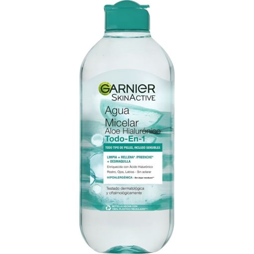 Garnier Skin Active Agua Micelar Aloe Hialurónico Todo-En-1 Agua micelar desmaquillante limpiadora y rellenadora piel restaurada y luminosa 400 ml