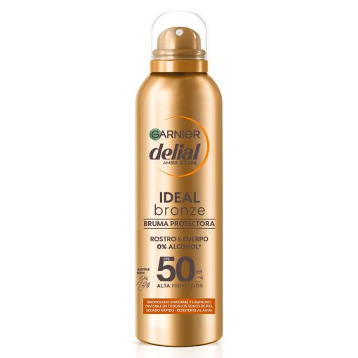 Delial Ideal Bronze Bruma Protectora Spf 50 Bruma solar bronceadora resistente al agua y sin alcohol acabado uniforme y luminoso 150 ml