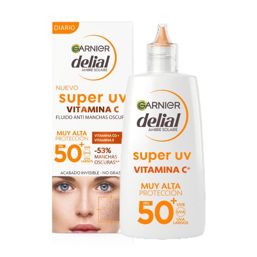 Delial Super Uv Vitamina C Fluido Anti Manchas Oscuras Spf 50+ Fluido solar antimanchas piel luminosa con acabado invisible y no graso 40 ml
