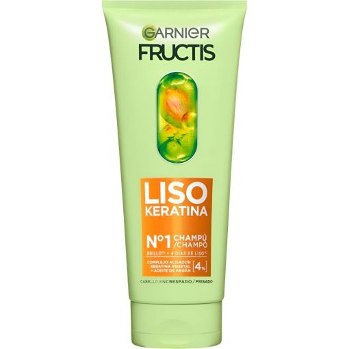 Fructis Liso Keratina Champú Nº1 Champú vegano eleva el allisado controla el encrespamiento y potencia el brillo para cabello encrespado 200 ml