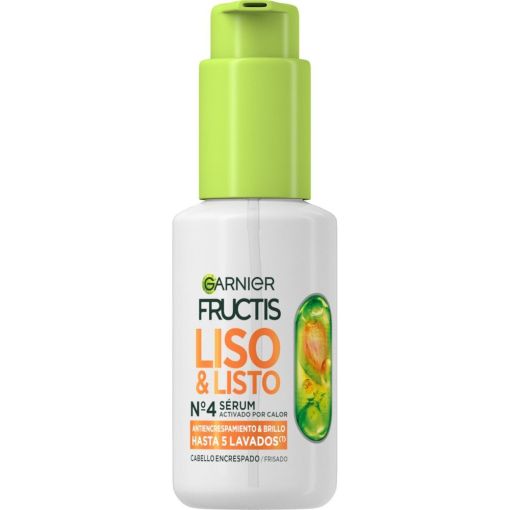 Fructis Liso & Listo S&eacute;rum Activado Por El Calor N&ordm;4 S&eacute;rum protector del calor resistente al agua ofrece hasta 10 d&iacute;as de liso y brillo para cabello encrespado 50 ml