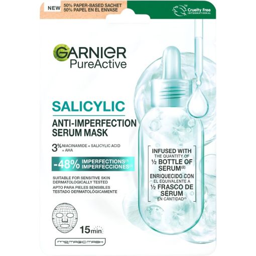 Garnier Pure Active Salicylic Anti-Imperfection Serum Mask Mascarilla facial antiimperfecciones purifica tu piel en s&oacute;lo 15 minutos con niacinamida y &aacute;cido salic&iacute;lico