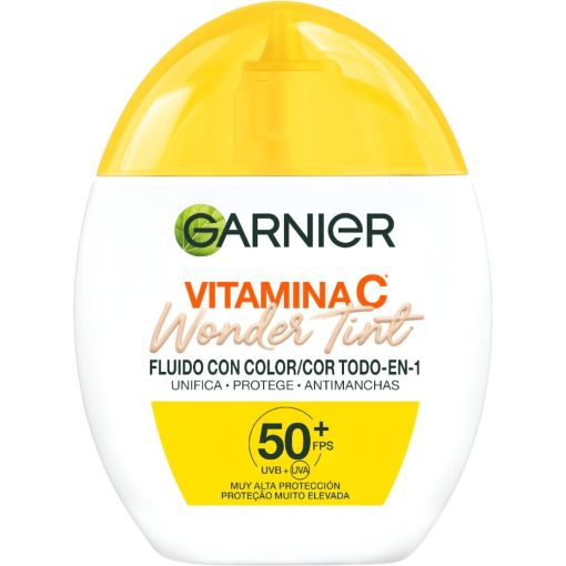 Garnier Vitamina C Wonder Tint Fluido Con Color Spf 50+ Fluido facial diario con color de textura ligera unifica el tono hidrata y reduce manchas iluminando la piel