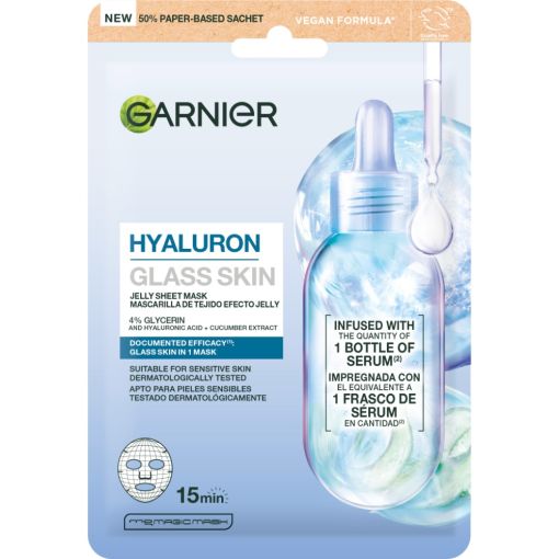 Garnier Hyaluron Glass Skin Mascarilla De Tejido Efecto Jelly Mascarilla facial antiimperfecciones purifica tu piel en s&oacute;lo 15 minutos con glicerina y &aacute;cido hialur&oacute;nico