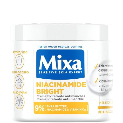 Mixa Niacinamide Bright Crema Hidratante Antimanchas Crema corporal sin perfume hidrata y restaura la barrera cut&aacute;nea para rostro cuerpo y manos 400 ml