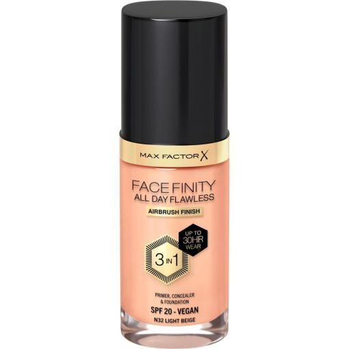 Max Factor Face Finity All Day Flawless 3 En 1 Spf 20 Base de maquillaje vegana de alta cobertura para acabado profesional de larga duraci&oacute;n