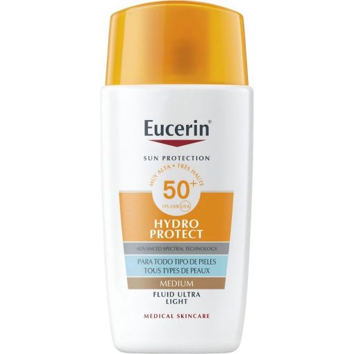 Eucerin Hydro Protect Fluido Ultra Light Spf 50+ Protector solar facial ofrece hidratación inmediata de absorción rápida y sensación de frescor 50 ml