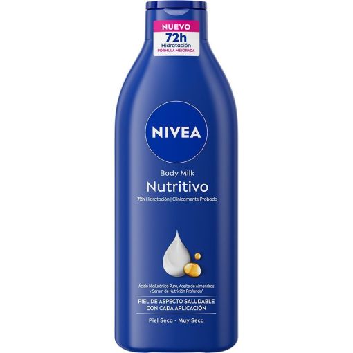 Nivea Nutritivo Body Milk Con Ácido Hialurónico Leche corporal nutritiva penetra profundamente y ofrece hidratación intensiva 72 horas con aceite de almendras