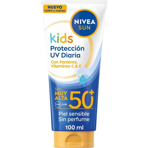 Nivea Sun Kids Protecci&oacute;n Uv Diaria Spf 50+ Protector solar infantil facial y corporal resistente al agua previene quemaduras solares y da&ntilde;os cut&aacute;neos 100 ml