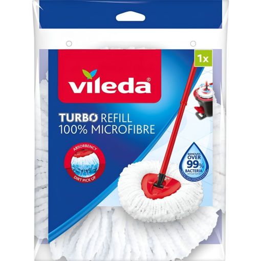 Vileda Fregona Turbo Refill 100% Microfibre Recambio Fregona con gran poder de limpieza y absorci&oacute;n perfecta para la limpieza de esquinas gracias a su cabezal triangular