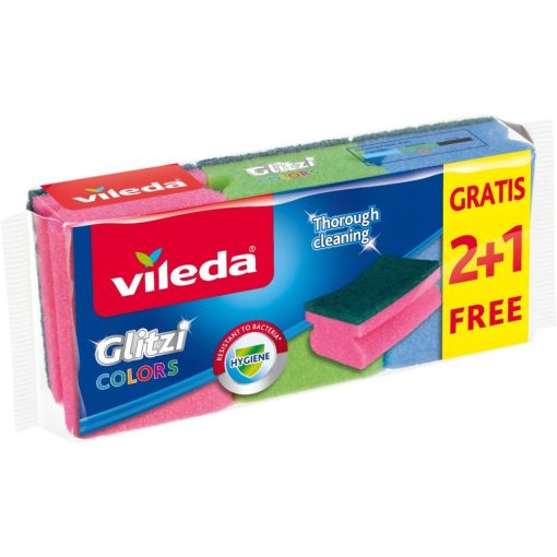 Vileda Estropajo Salvauñas Glitzi Colors Formato Especial Estropajo multiusos de máxima eficacia resistente a las bacterias elimina eficazmente la suciedad 3 uds