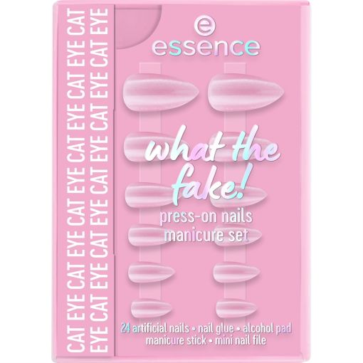 Essence What The Fake! Press-On Nail Manicure Set Cat Eye Set de manicura de alta calidad se adapta perfectamente ofreciendo un sutil tono rosa con efecto ojo de gato