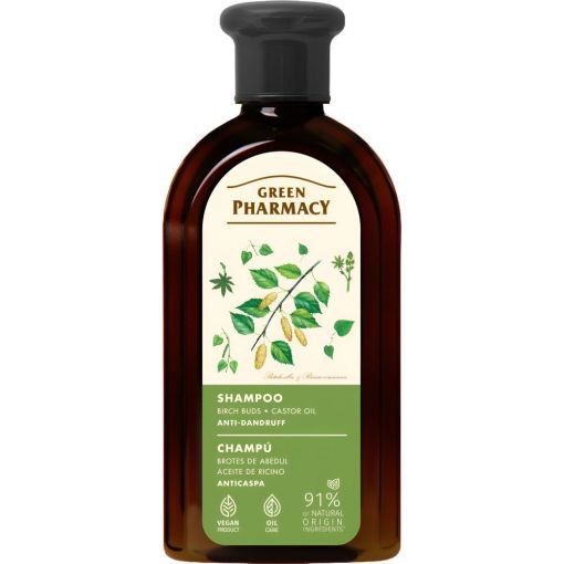 Green Pharmacy Brotes De Abedul Y Aceite De Ricino Champú Champú vegano anticaspa nutre alivia picor y descamación del cuero cabelludo fortaleciendo rizos 350 ml