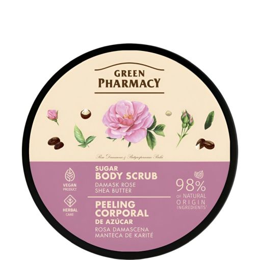 Green Pharmacy Rosa Damascena Y Manteca De Karité Peeling Corporal De Azúcar Exfoliante corporal vegano elimina células muertas y exceso de sebo efecto rejuvenecedor 200 ml
