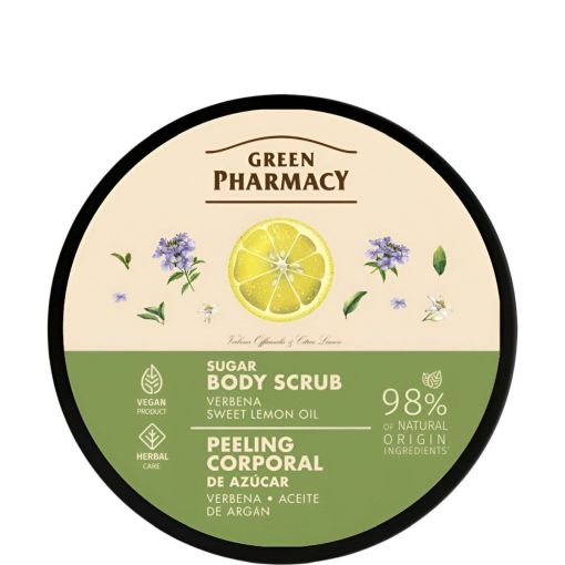 Green Pharmacy Verbena Y Aceite De Limón Dulce Peeling Corporal De Azúcar Exfoliante corporal vegano elimina células muertas y exceso de sebo reduciendo celutitis 200 ml