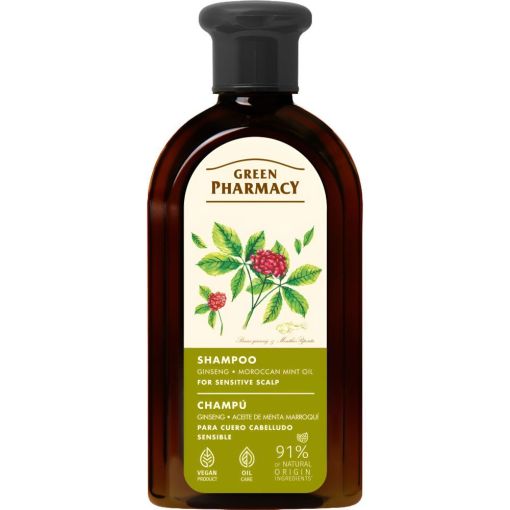 Green Pharmacy Ginseng Y Aceite De Menta Marroquí Champú Champú vegano previene la caída y regula las glándulas sebáceas para cabello sensible 350 ml