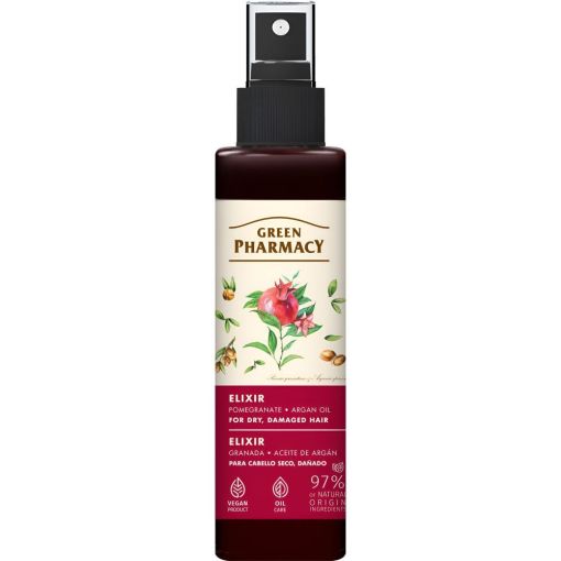 Green Pharmacy Granada Y Aceite De Argán Elixir Elixir capilar vegano protege hidrata y restaura ofreciendo suavidad y brillo para cabello seco y dañado 150 ml