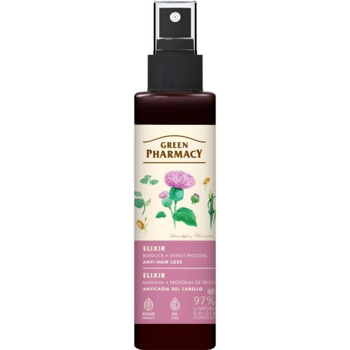 Green Pharmacy Bardana Y Proteínas De Trigo Elixir Elixir capilar vegano anticaída estimula el crecimiento del cabello dándole un aspecto saludable 150 ml