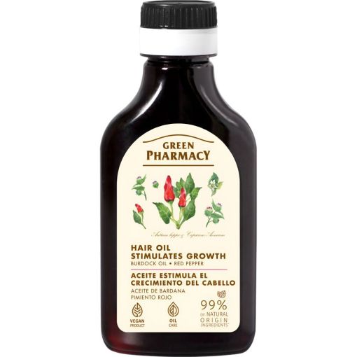 Green Pharmacy Aceite De Bardana Y Pimiento Rojo Aceite Aceite capilar vegano estumilante del crecimiento del cabello fortalece las raíces 100 ml