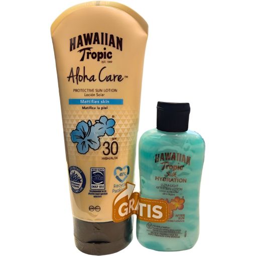 Hawaiian Tropic Aloha Care Face Loción Solar+Silk Hydration After Sun Gratis Pack regalo de protección solar para cuidarte antes y después del sol