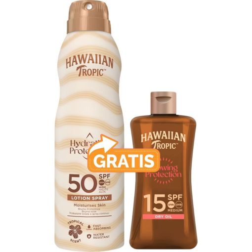 Hawaiian Tropic Hydrating Protection Spf 50+Glowing Protection Spf 15 Gratis Pack regalo de protección solar resistente al agua bronceado uniforme piel suave e hidratada