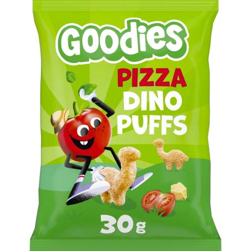 Goodies Puffs Pizza Dino Snack divertido y sabroso con forma de cocodrilo elaborado con ingredientes naturales a partir de 3 a&ntilde;os